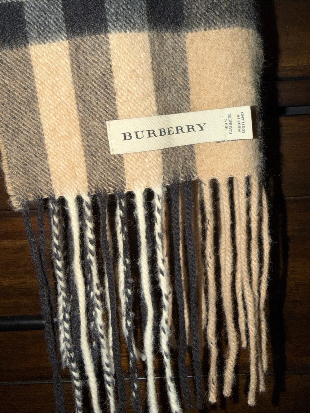 Burberry Beige and Black Signature Check Fringe Scarf